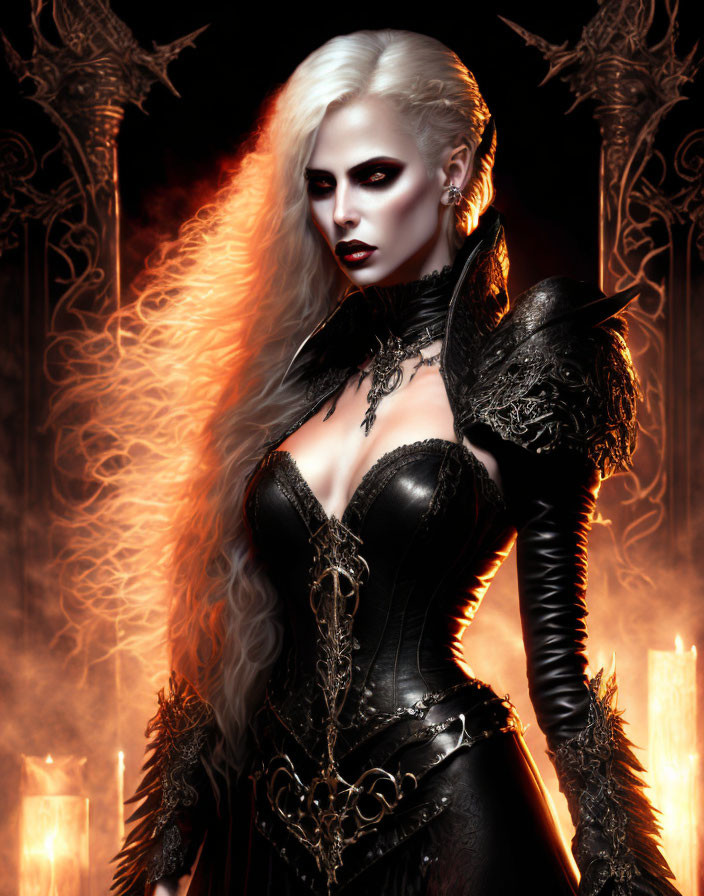 White-Haired Woman in Gothic Corset and Armor with Torches