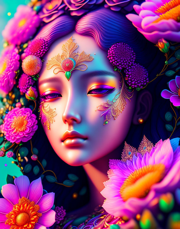 Colorful digital portrait of female figure with purple skin and golden jewelry, surrounded by vibrant flowers.