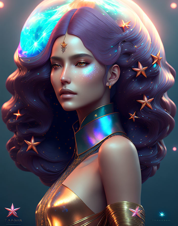 Digital portrait of woman with voluminous hair merging into cosmic galaxy, adorned with starry accessories.