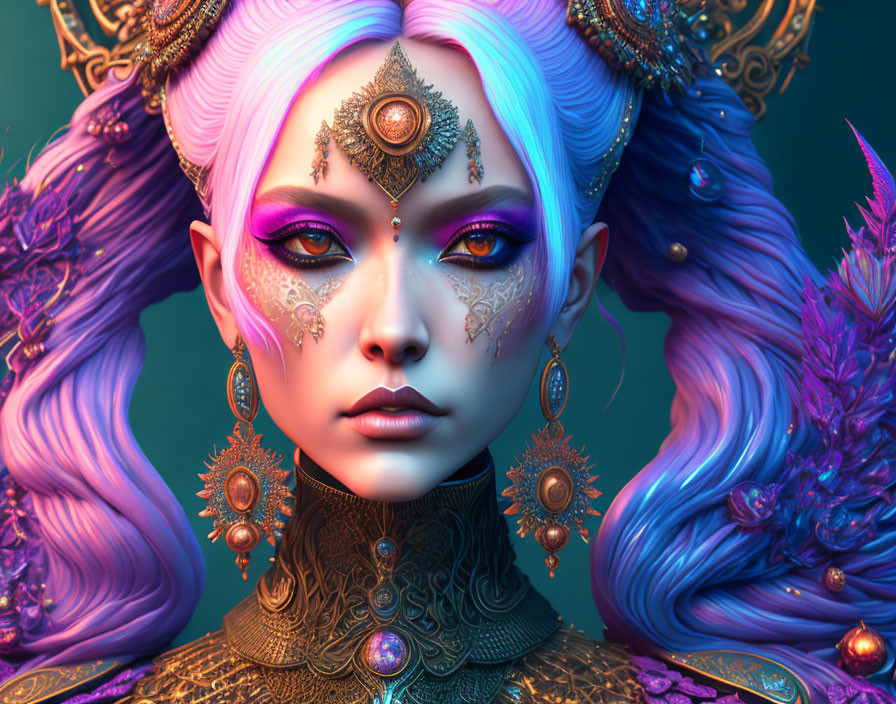 Purple-haired female character with gold jewelry and headpiece on teal background