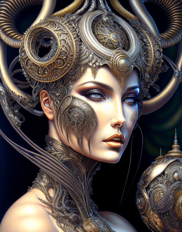 Woman with ornate metallic headgear and steampunk-inspired jewelry.