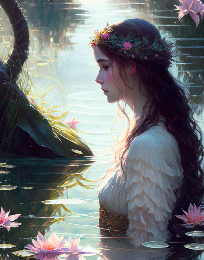 Woman in floral crown and feathered dress in serene pond with blooming lotuses