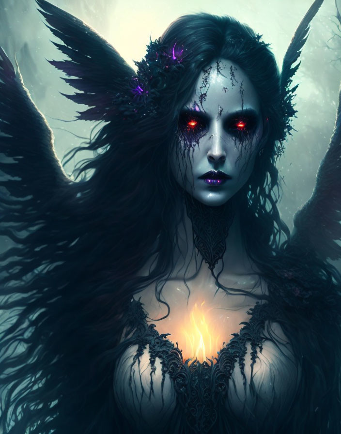 Dark angel wings woman with glowing red eyes in misty backdrop