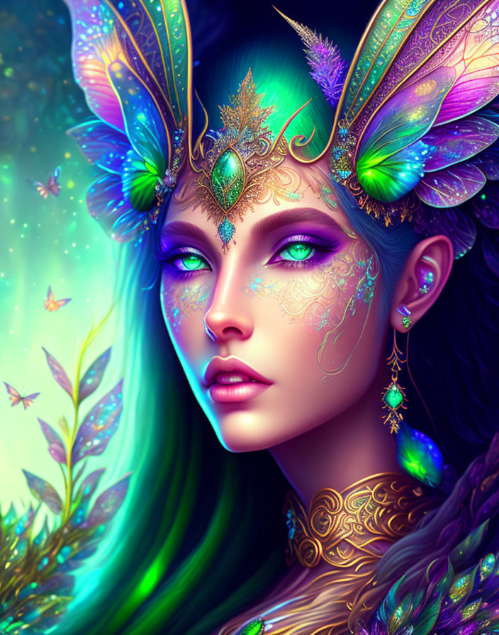 Mythical woman with butterfly wings and gold jewelry in vibrant illustration