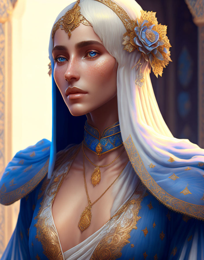 Digital Artwork: Woman with White Hair, Blue Eyes, Golden Jewelry, Blue Outfit, Architect