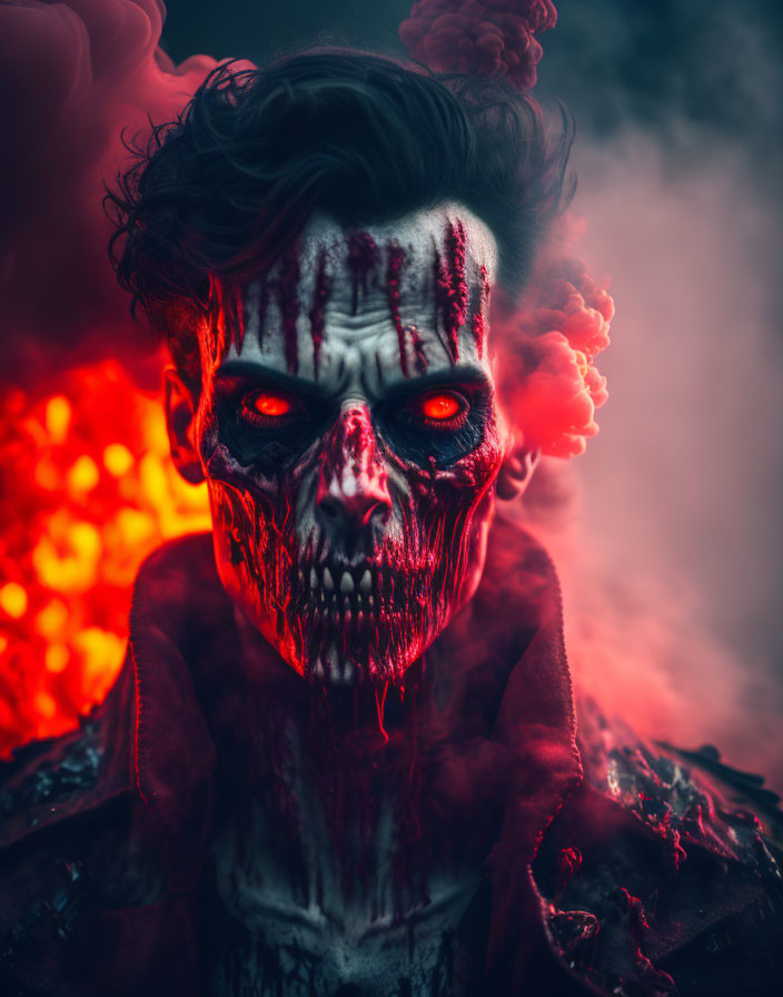 Skull-faced person with red eyes in fiery backdrop