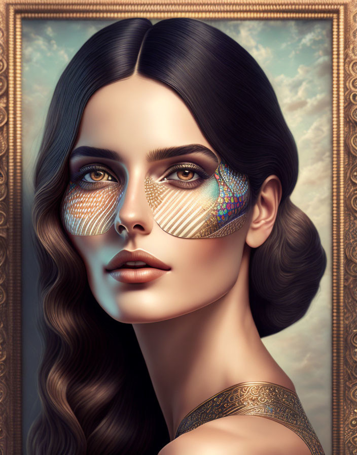 Multicolored Glitter Patterns on Woman's Cheeks in Classic Portrait