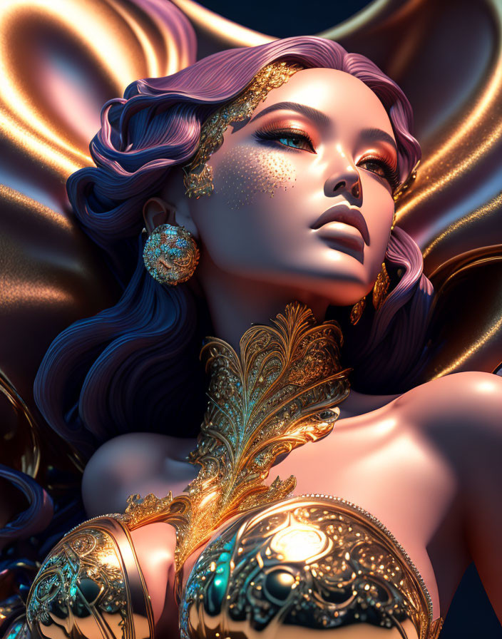 Fantasy 3D female character in gold armor with cape and intricate hairstyle