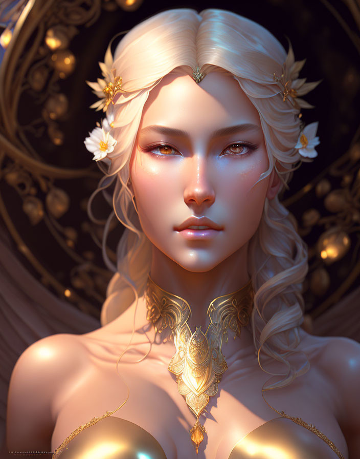 Fantasy character with pale skin, golden eyes, and white hair in digital artwork