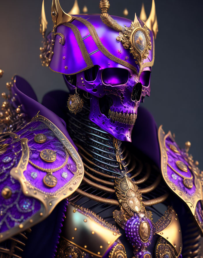 Intricate skeletal figure in purple and gold armor