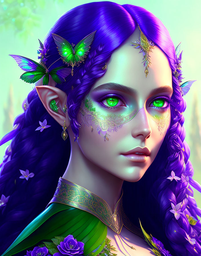 Fantastical elf with purple hair and leafy motifs.