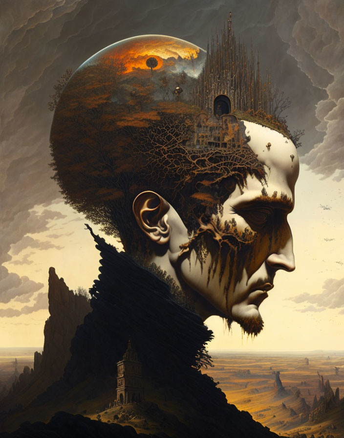 Surreal human head landscape with nature, architecture, and celestial overlay.