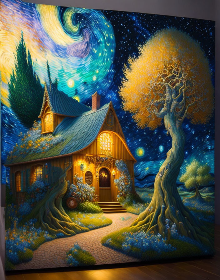 Colorful painting: Starry night sky merges with cozy cottage and glowing tree