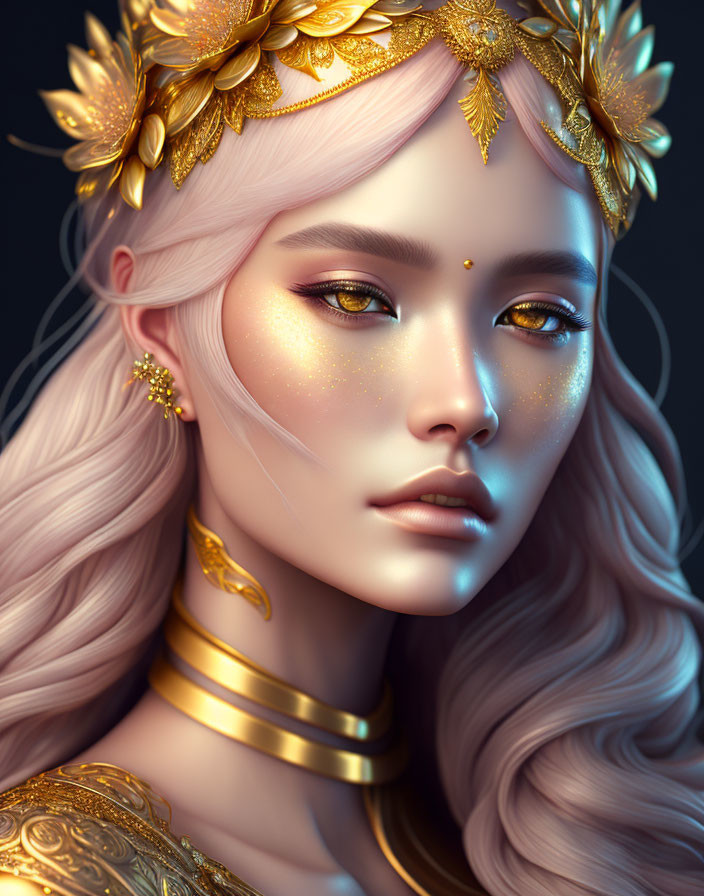 Digital portrait of woman with golden laurel crown, earrings, and shimmering makeup on dark background