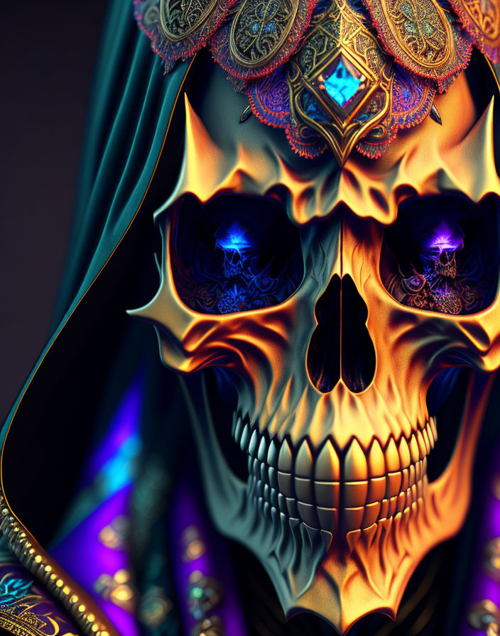 Detailed digital artwork: stylized skull with golden patterns and blue eyes on dark background