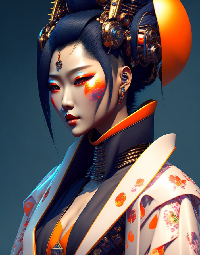 Digital Artwork: Futuristic Geisha-Inspired Woman with Koi Fish Patterned Garments