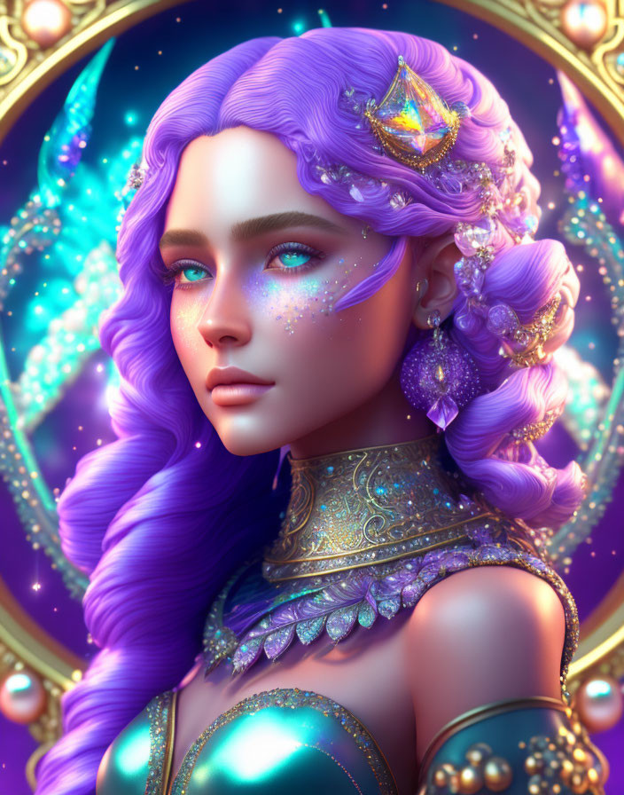 Fantasy portrait of woman with purple hair and golden crown against celestial backdrop