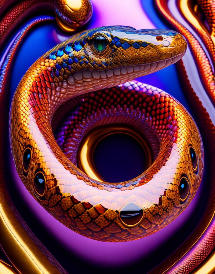 Colorful Coiled Snake with Fractal Pattern on Skin in Surreal Digital Art