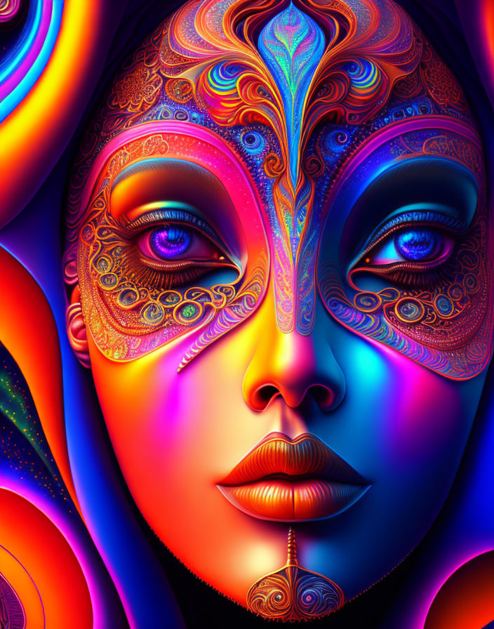 Colorful Digital Artwork: Face with Metallic Patterns and Glowing Eyes