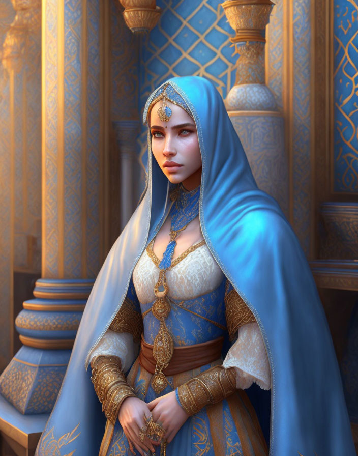 Regal woman in ornate blue and gold dress against intricate backdrop