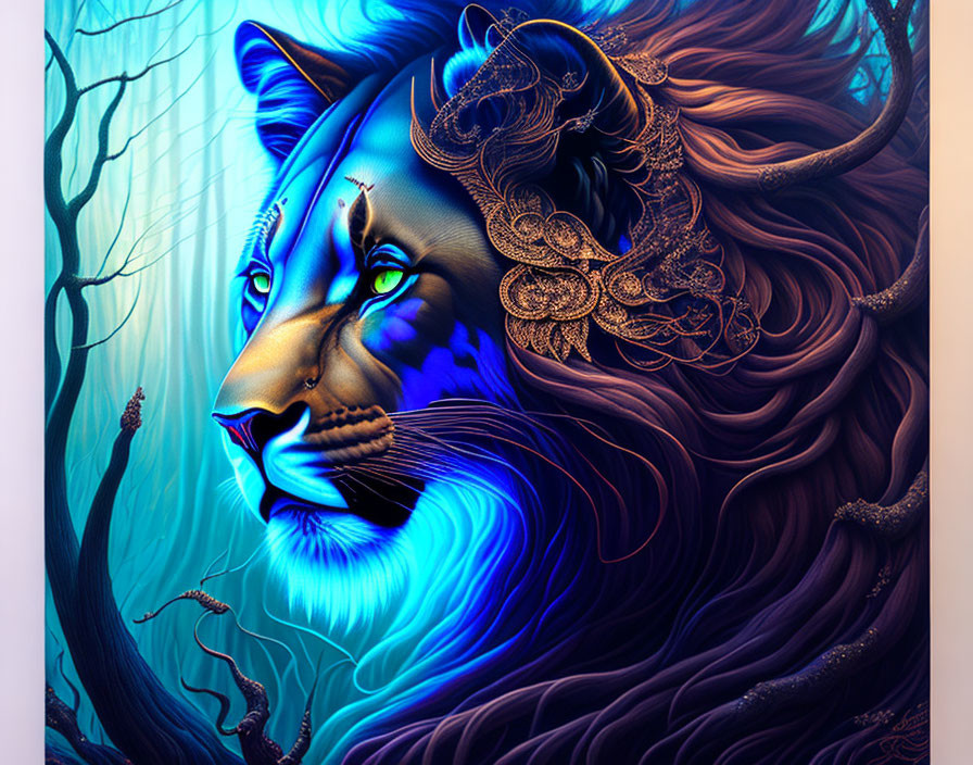 Vibrant digital art: Lion in blue and gold hues in ethereal forest.