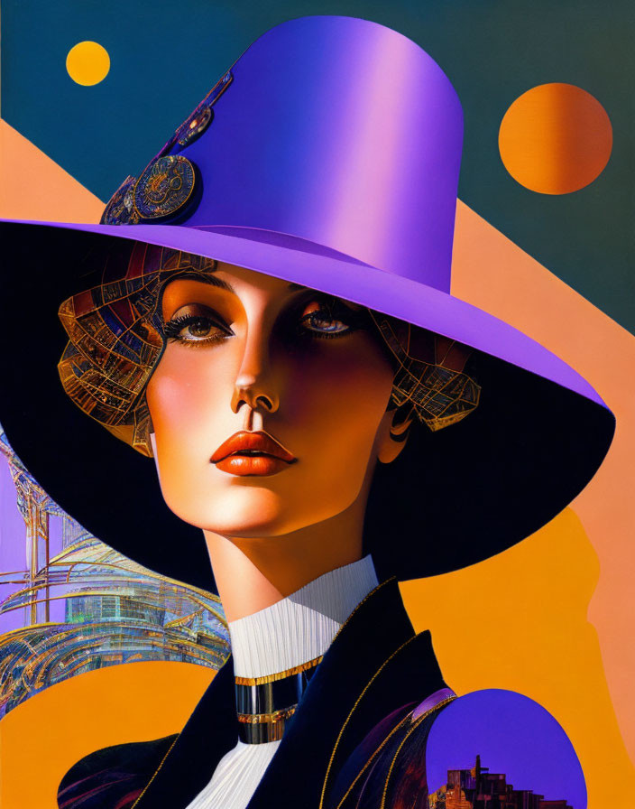 Woman with Large Purple Hat and Dramatic Makeup in Abstract Cityscape Artwork