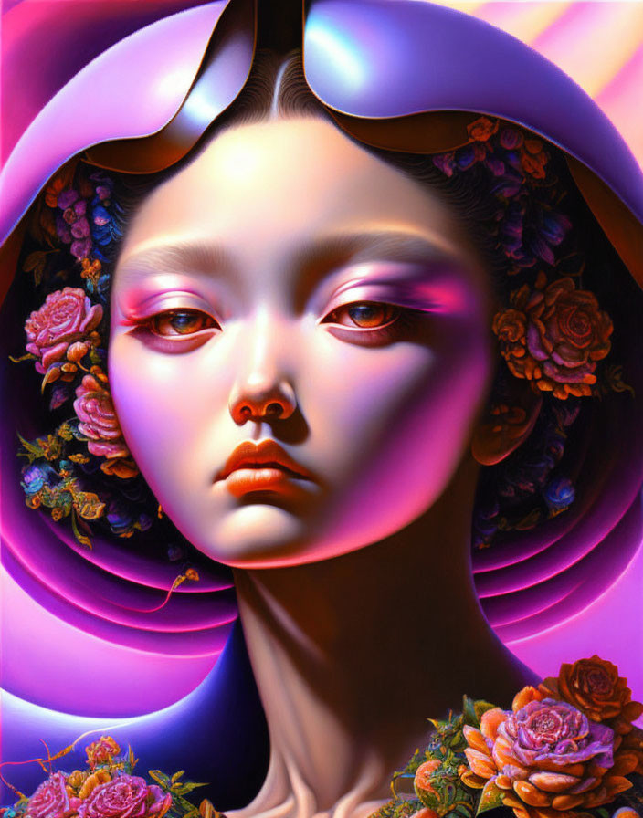 Vibrant surreal portrait of woman with stylized features and floral embellishments