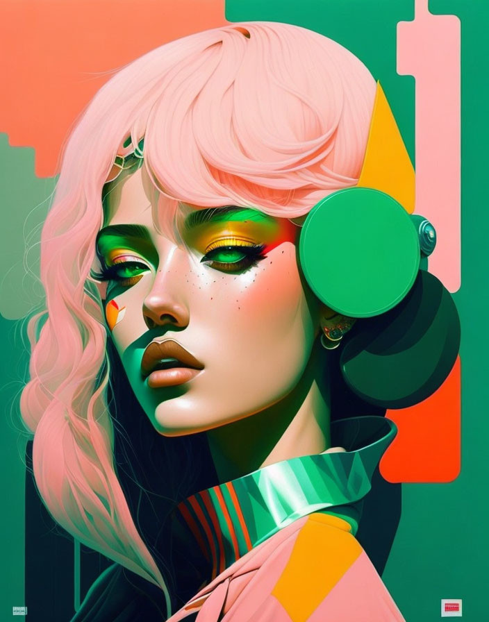 Vibrant pink-haired woman with headphones in stylized art piece