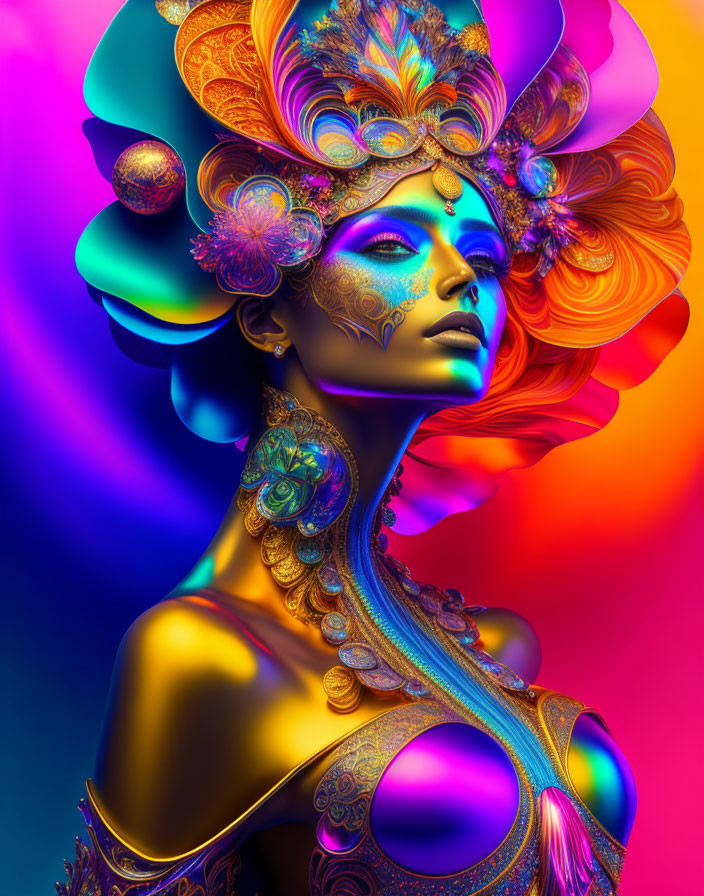 Colorful digital artwork of female figure with intricate body art and headdress