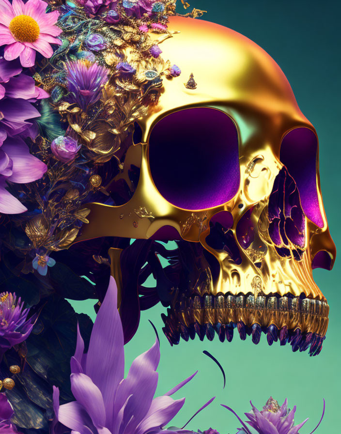 Colorful digital artwork: Golden skull with flowers on teal background