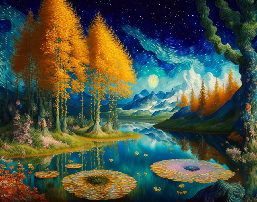 Surreal landscape with autumn trees, starry night sky, mountains, and reflective lake