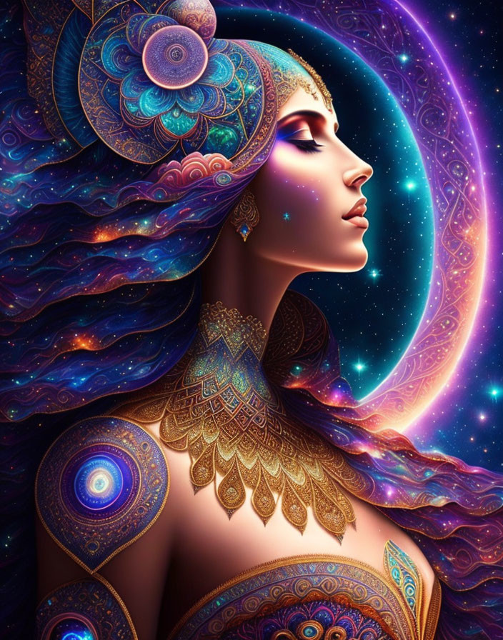 Profile of woman with cosmic decorations on starry sky backdrop