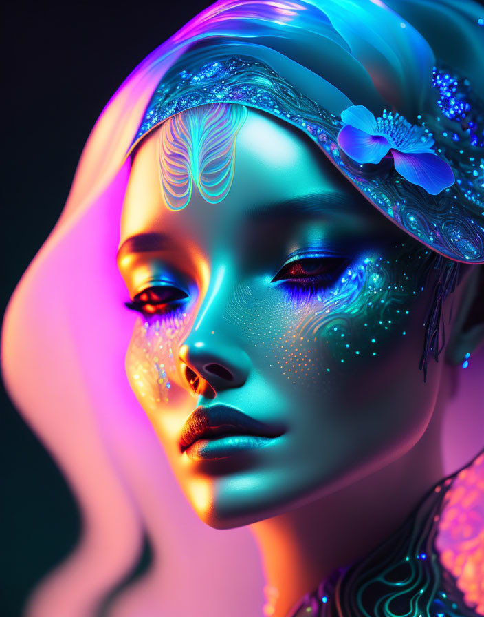 Digital artwork: Female figure with glowing blue and turquoise accents on dark background