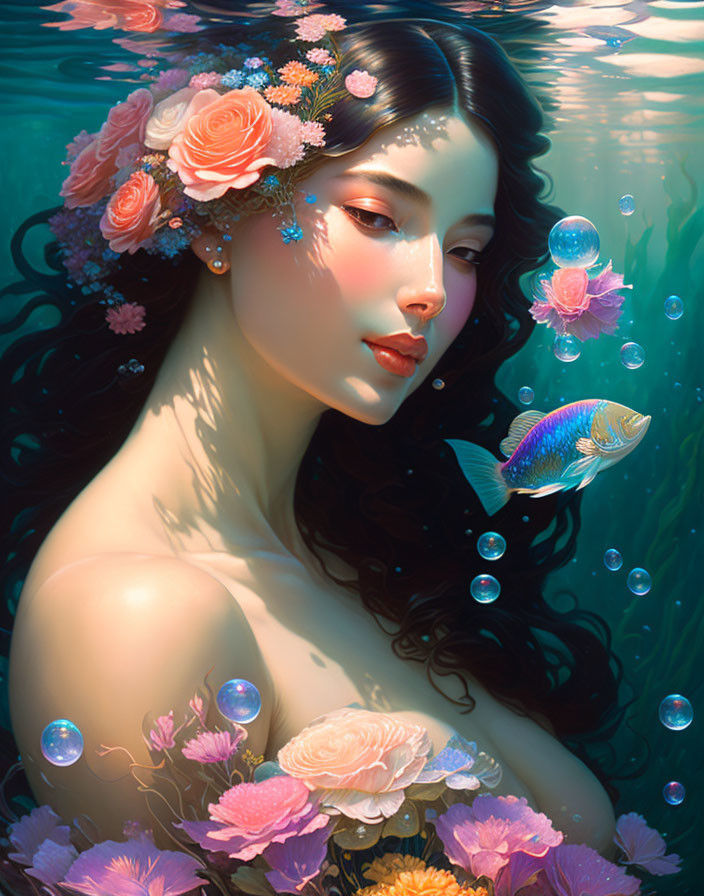 Woman with flowers in hair underwater with bubbles and colorful fish