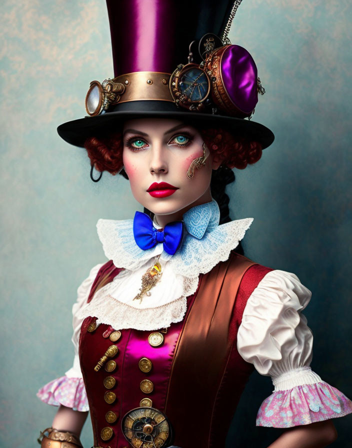 Steampunk-inspired woman with top hat, goggles, clock, and purple accents