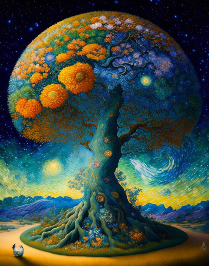 Whimsical tree painting with vibrant blossoms on starry night backdrop