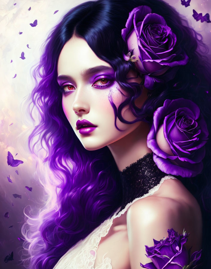 Portrait of woman with purple wavy hair, roses, butterflies, and mystical ambiance