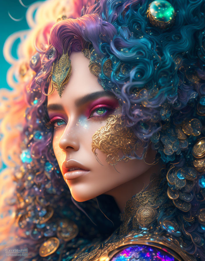 Vibrant fantasy portrait with gold adornments and colorful hair