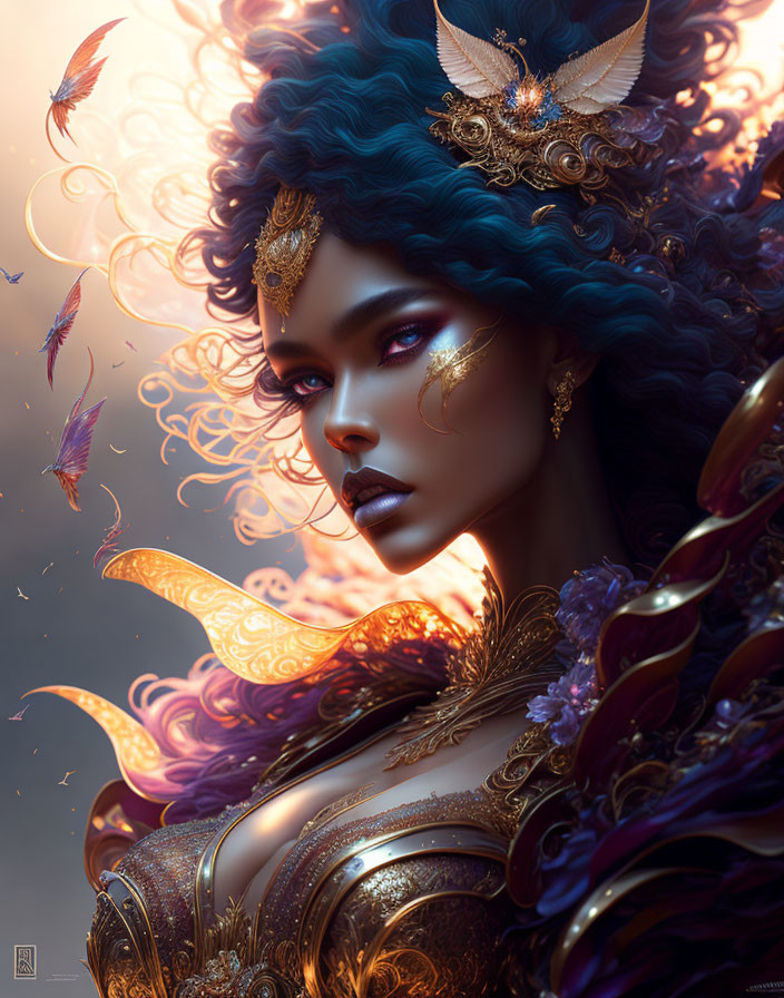 Fantasy illustration of woman with blue hair and gold adornments among magical butterflies