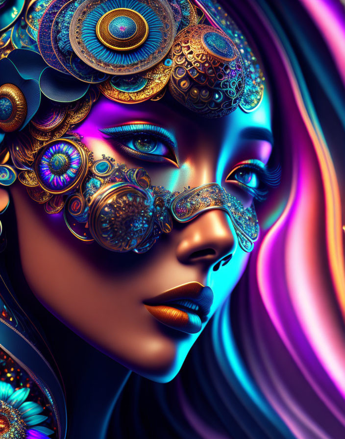 Colorful Digital Artwork of Woman with Steampunk Headpieces