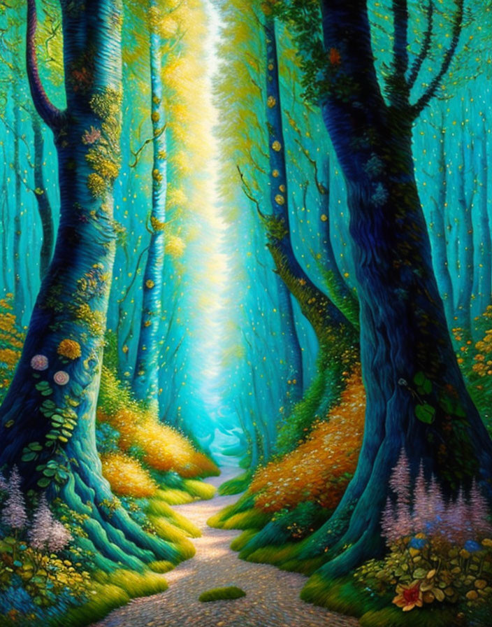 Enchanted forest painting with narrow path and mystical light