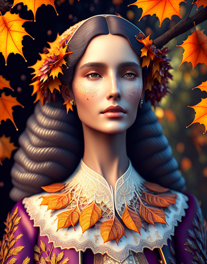 Digital artwork: Woman with autumn leaves, ornate patterns, lace collar, against foliage background.