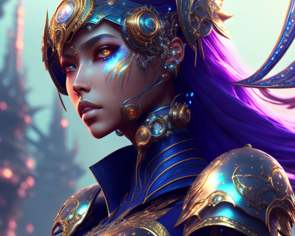 Fantasy female warrior in blue armor with purple hair and glowing eye