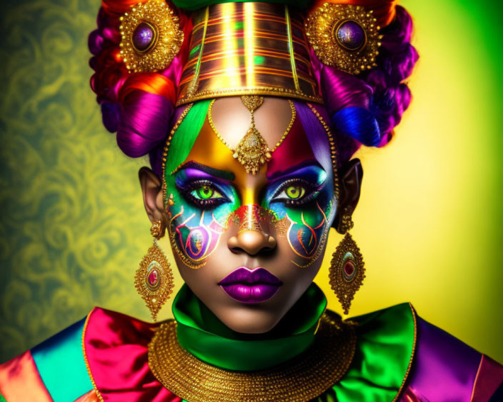 Colorful Woman with Vibrant Makeup and Ornate Hair in Bold Attire on Gradient Background