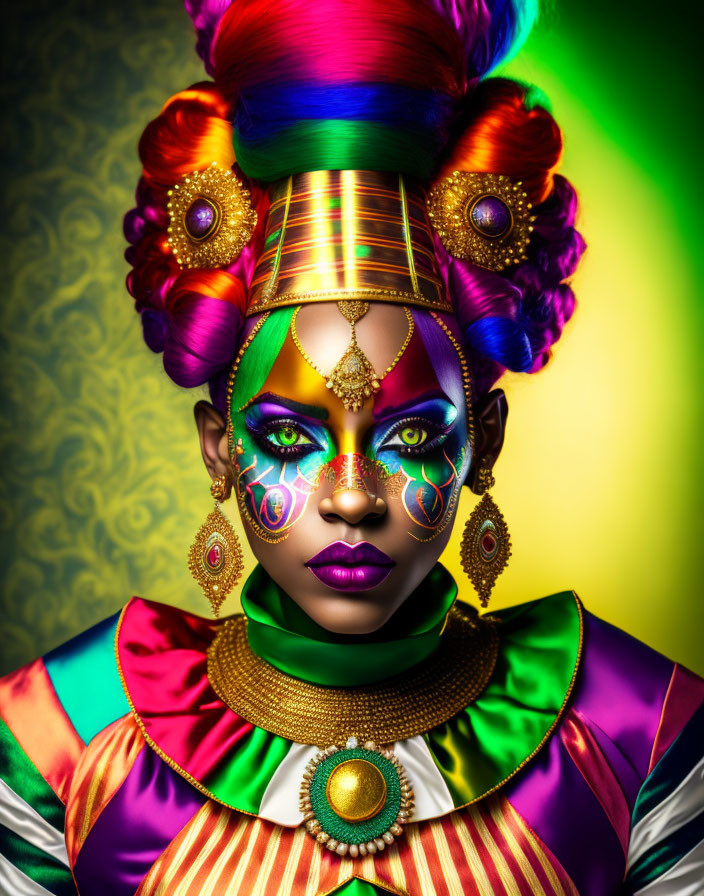 Colorful Woman with Vibrant Makeup and Ornate Hair in Bold Attire on Gradient Background