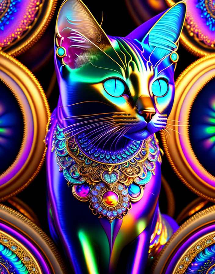 Colorful Digital Art: Iridescent Cat with Neon Jewelry Patterns