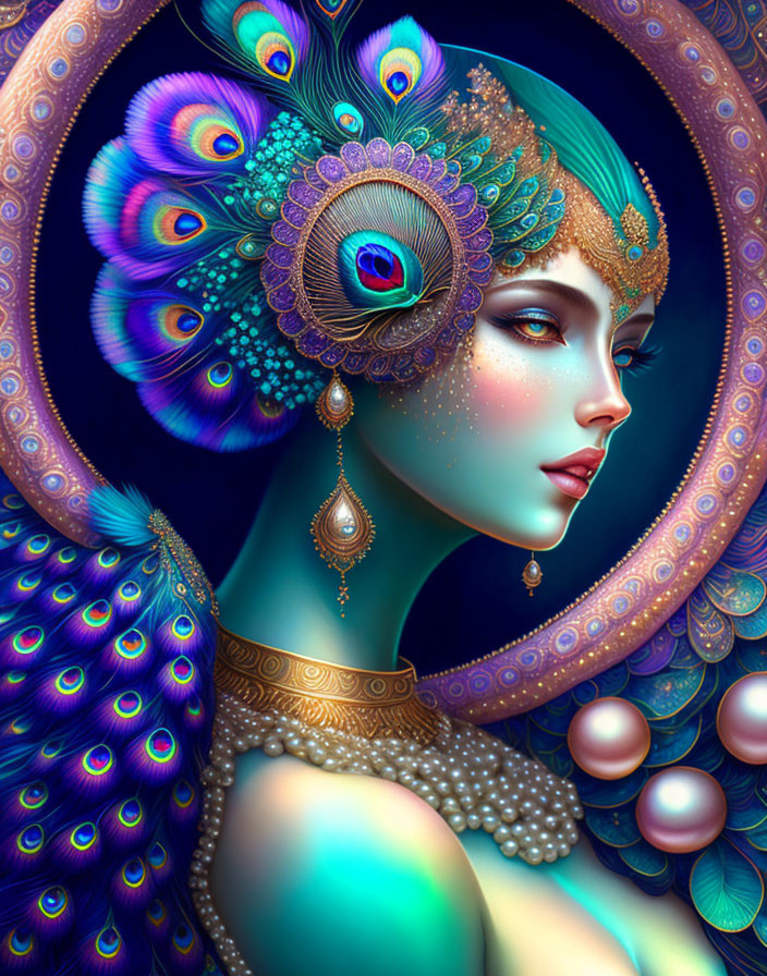 Woman in Peacock Feather and Jewelry Digital Artwork with Vibrant Blue and Teal Hues