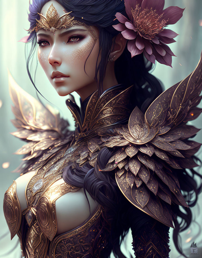 Digital artwork of woman in golden armor with feathered wings and floral motifs