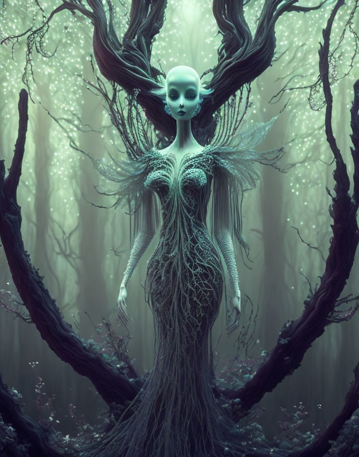 Mystical figure with tree-like appearance in ethereal forest