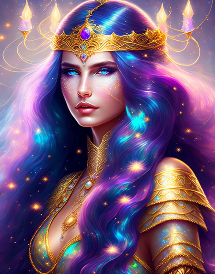 Fantasy queen illustration with blue and purple hair, crown, and golden armor